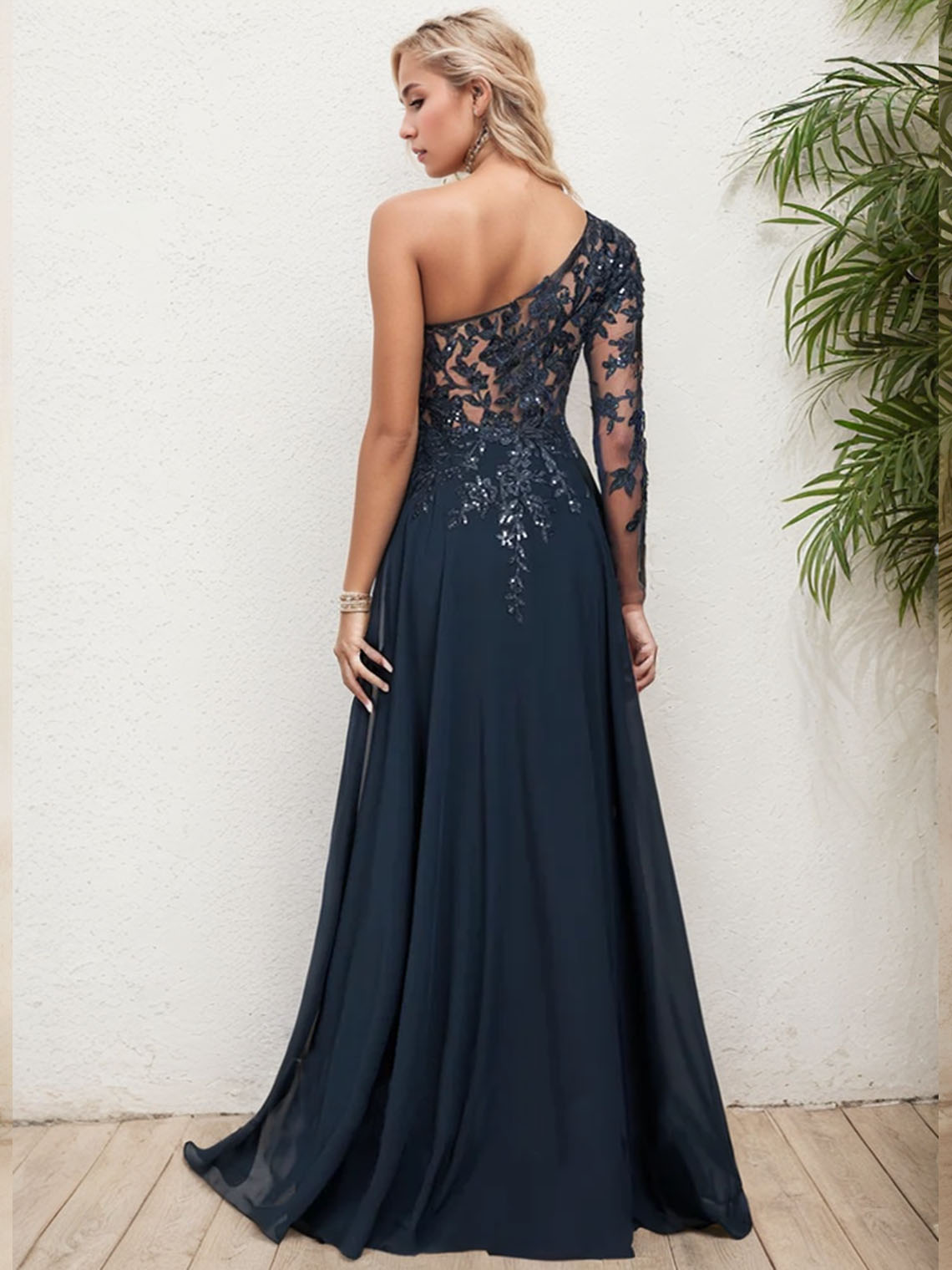 Blue Chiffon Sheath/Column One Shoulder With Sequins Evening Dress