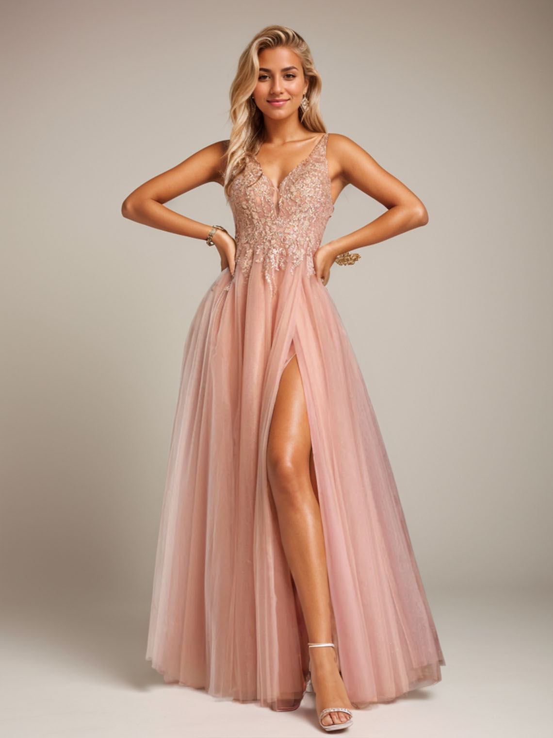 Peach Pink  A-line Tulle Sleeveless Applique With Split Prom Dress