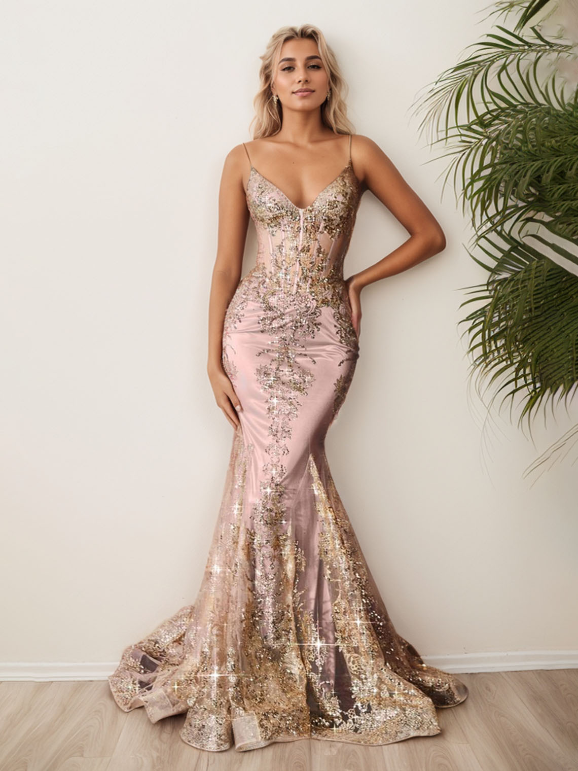 Mermaid V Neck Sleeveless Court Train with Sequin Prom Dress