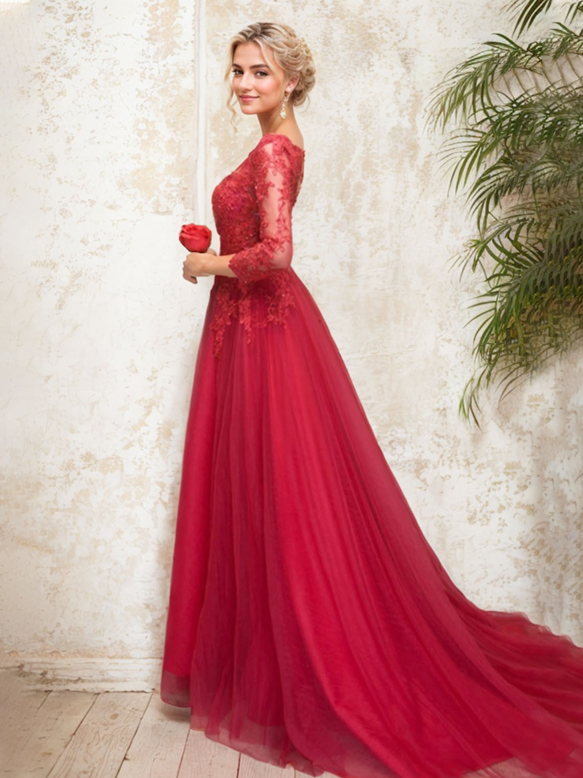 A-Line Tulle Illusion Neck Appliques with Beading Evening Dress