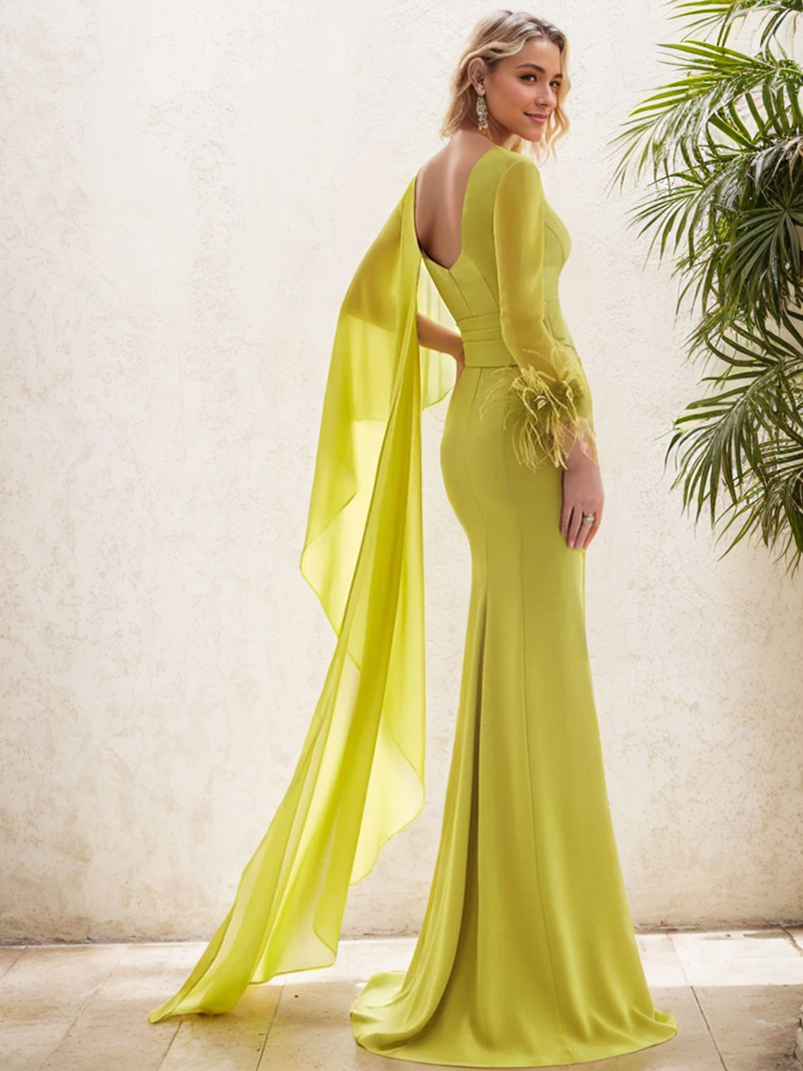 Mermaid Chiffon V Neck Long Sleeve with Feather Ruffles Evening Dress