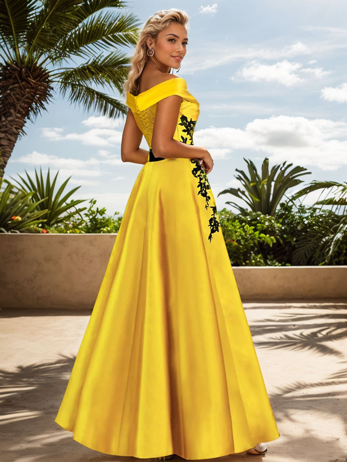 A-Line Satin Off Shoulder Floor Length with Appliques Evening Dress 