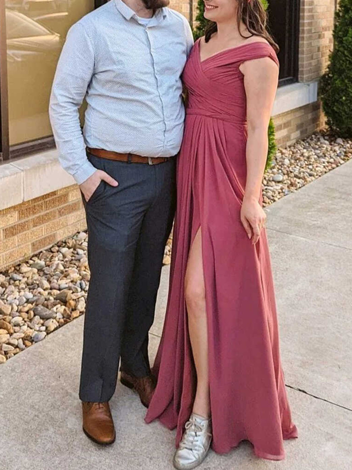 A Line Blush Chiffon Off the Shoulder With Slit Long Bridesmaid Dress