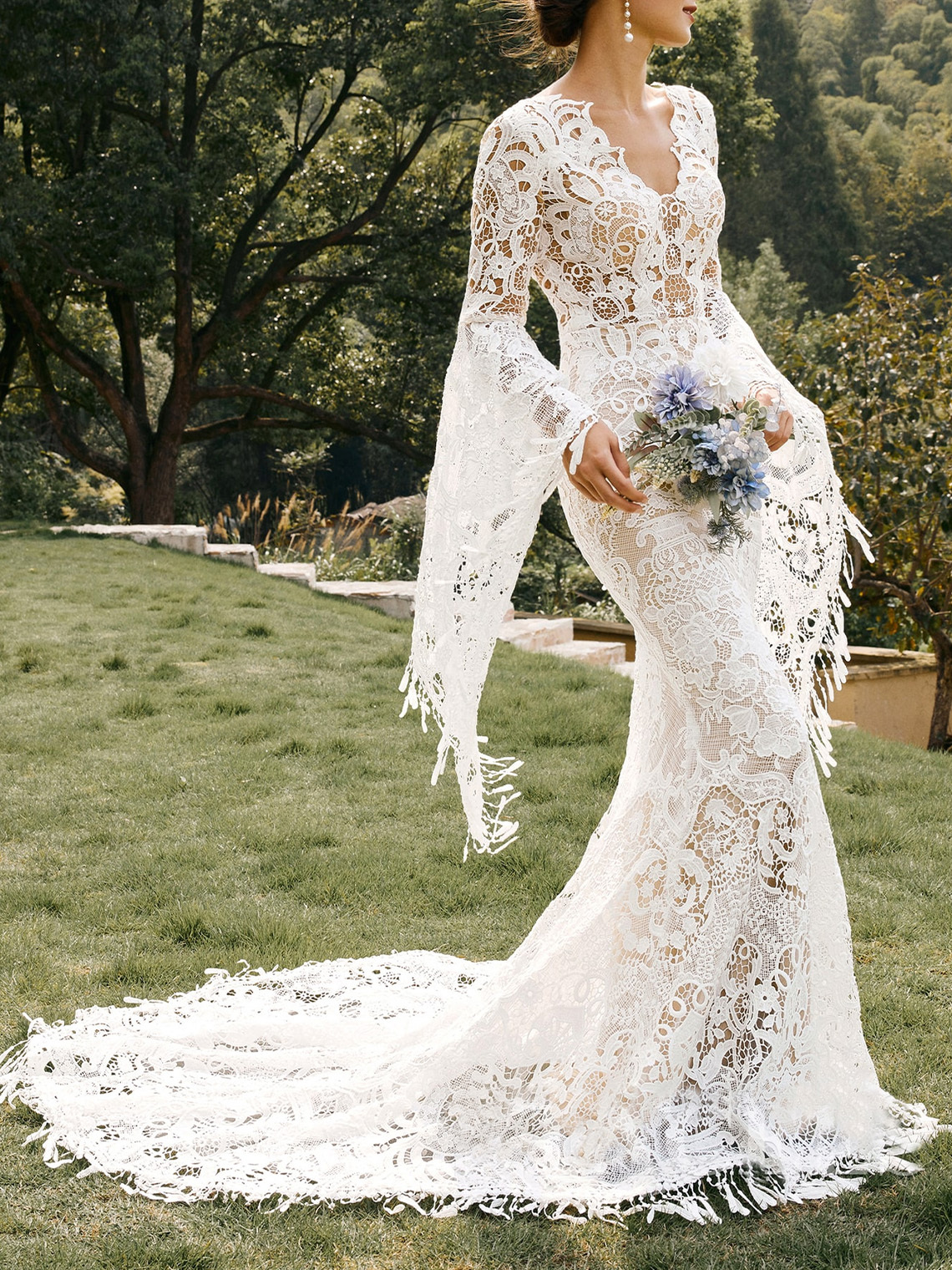 Mermaid Ivory Lace V Neck Long Sleeve Chapel Train Wedding Dresses