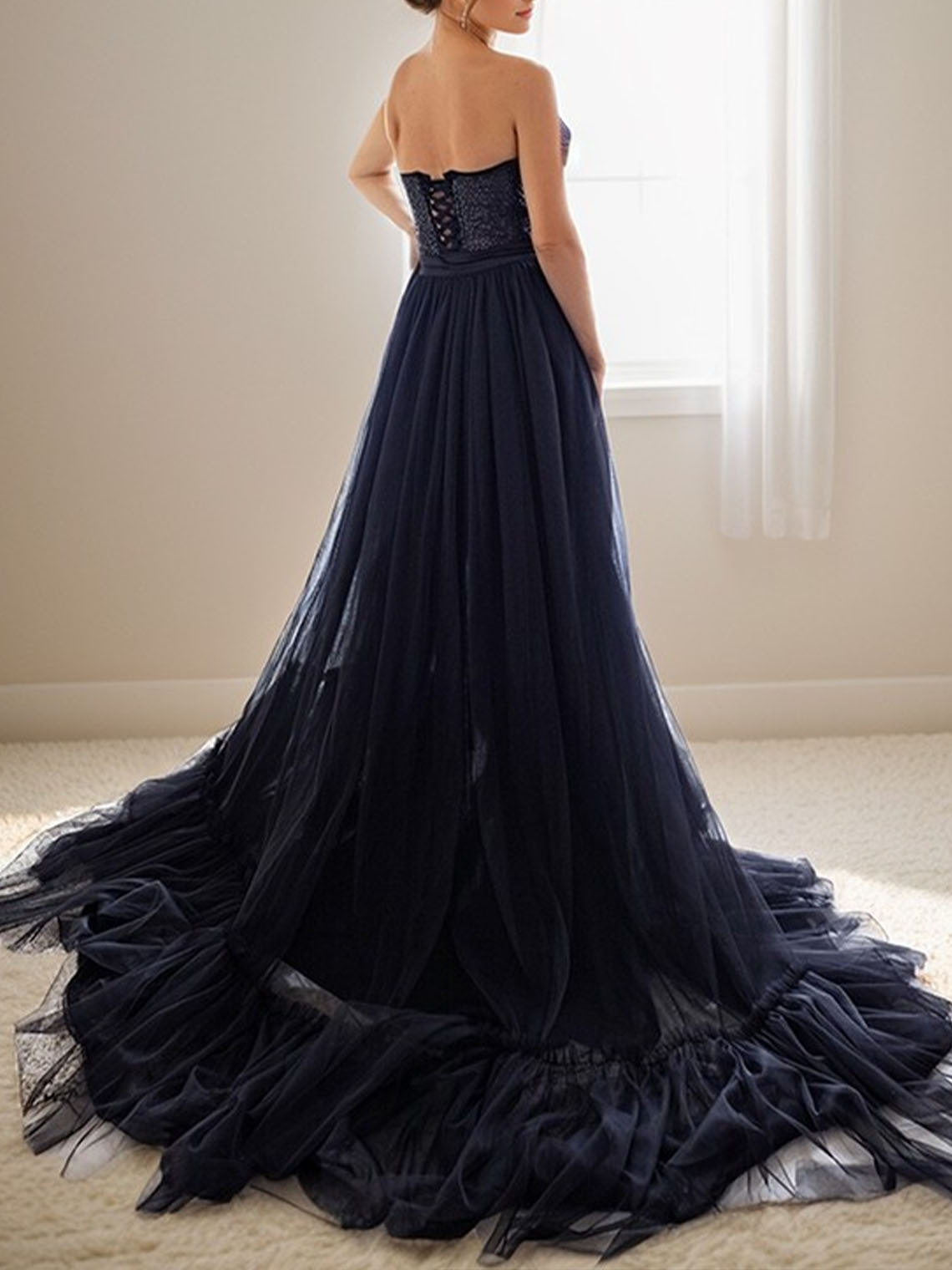 Sheath Tulle Sweetheart Long Sleeves Chapel Train Black Wedding Dress