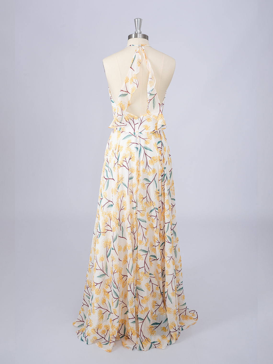 A-Line Yellow Dress with floral patterns Halter Long Prom Dress