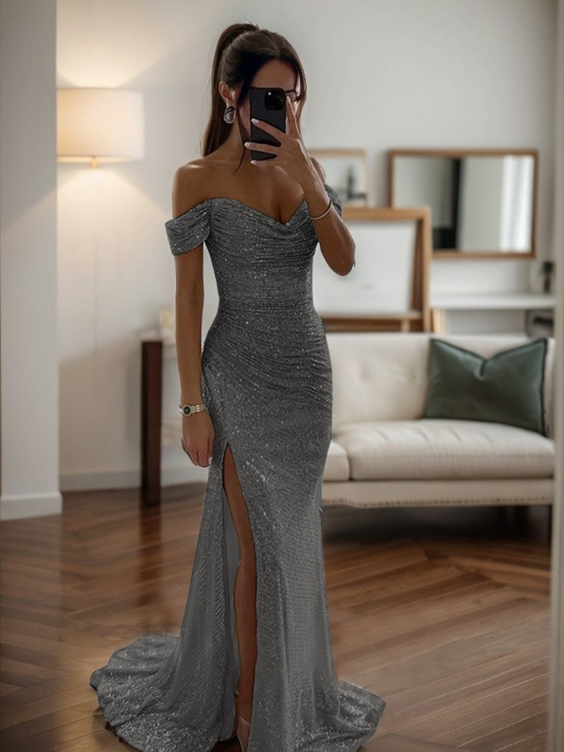 Mermaid Off-the-Shoulde Ruched Sleeveless Sweep Train Prom Dress