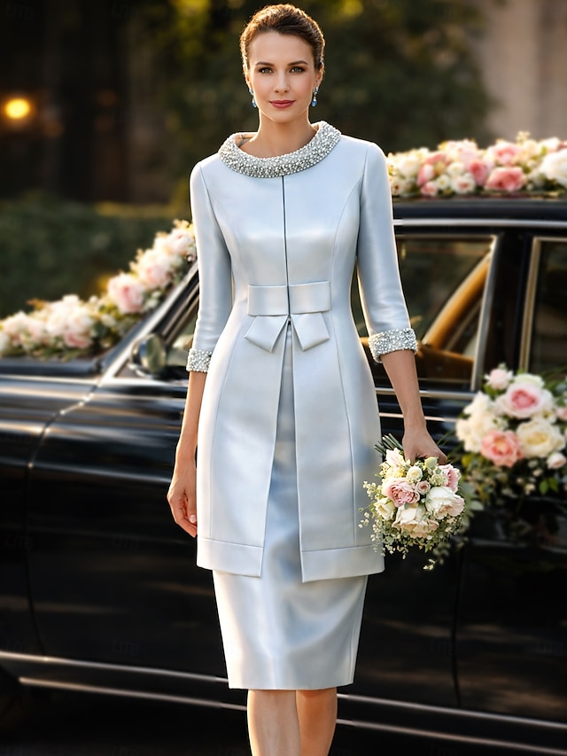two piece sheath column knee-length mother of the bride dress wedding guest dress jewel neck short sleeves satin elegant, supplier image 1