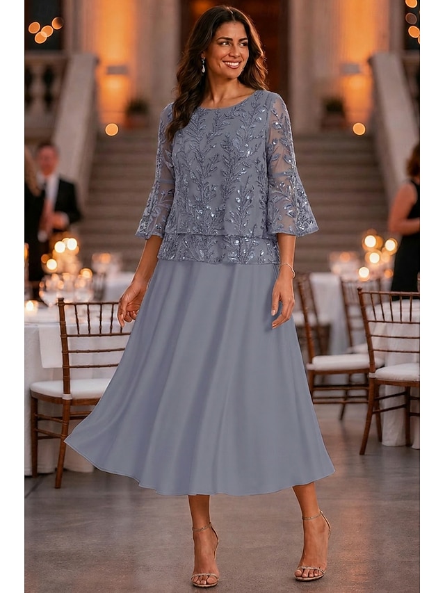 a-line mother of the bride dresses ankle length chiffon lace with sequin 3/4 length sleeve elegant, supplier image 7
