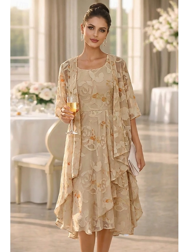 two piece a-line mother of the bride dresses wedding guest dresses tea length chiffon lace elegant, supplier image 1