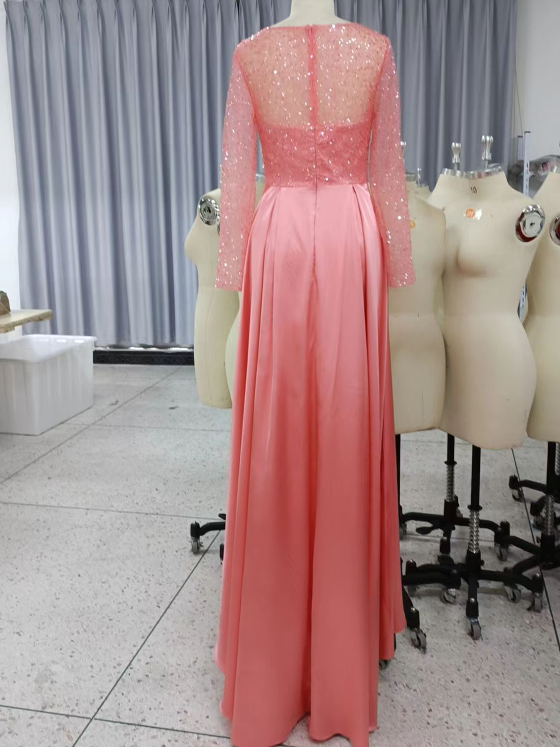 Mermaid Sequin Satin Long Sleeves with Pearls Long Evening Dress