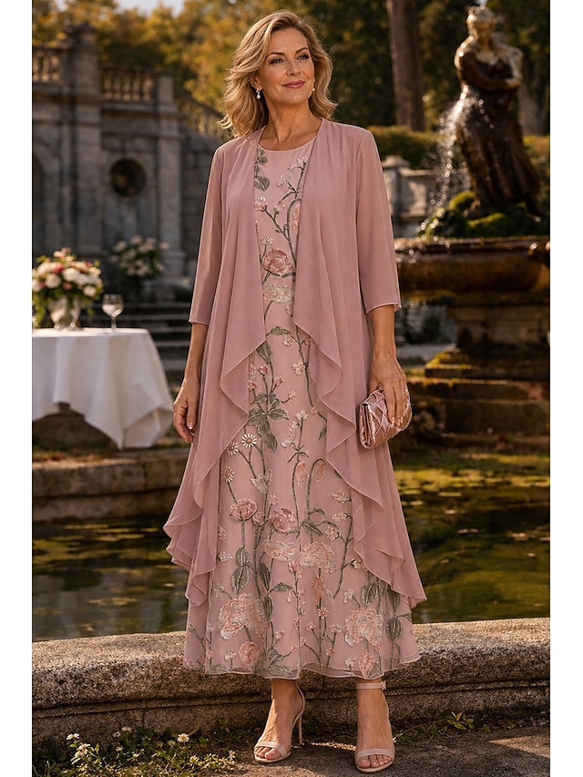 two piece a-line mother of the bride dresses ankle length lace with ruffles 3/4 length sleeve simple, supplier image 1