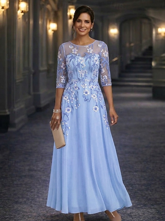 a-line mother of the bride dresses floor length chiffon lace with embroidery long sleeve crew neck, supplier image 1