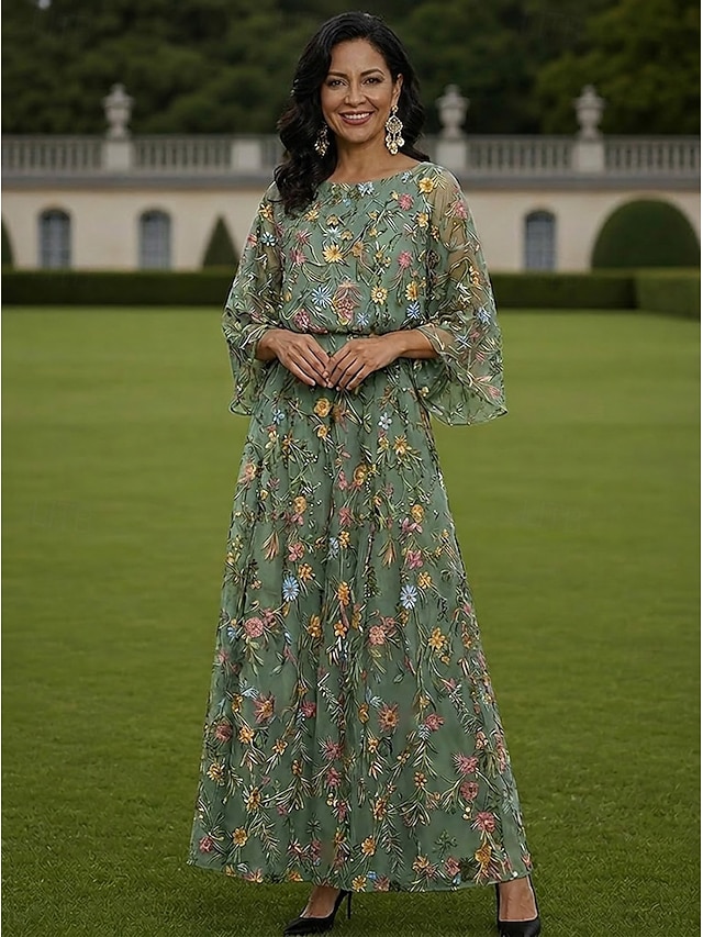 a-line mother of the bride dresses floor length lace with embroidery 3/4 length sleeve elegant, supplier image 1