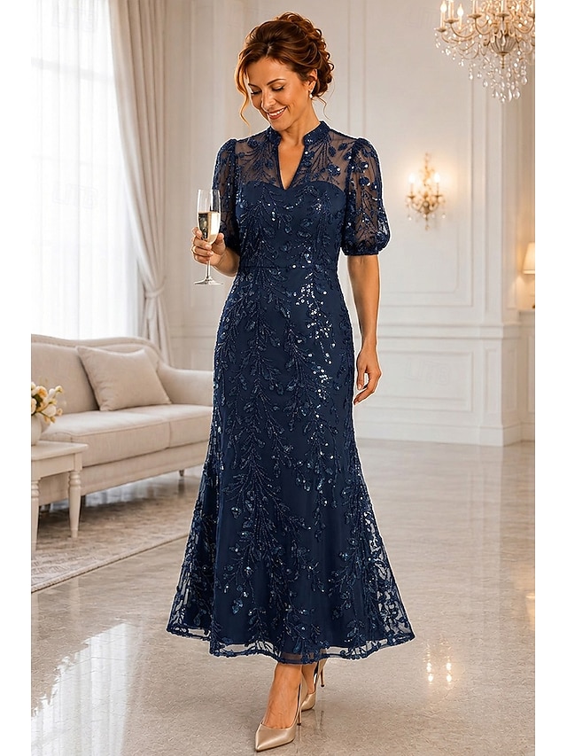 a-line ankle length mother of the bride dresses short sleeve v neck elegant luxurious sparkle & shine lace with beading, supplier image 1