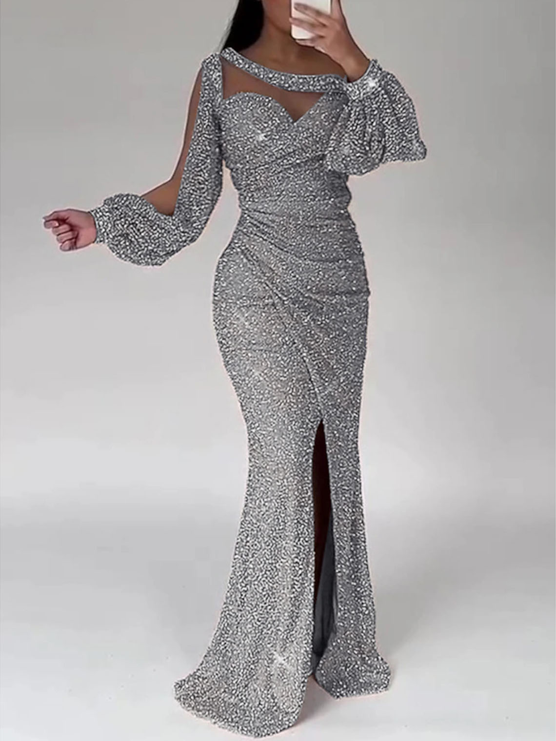 Sparkle Mermaid Sequin Long Sleeve Scoop Neck with Slit Evening Dress