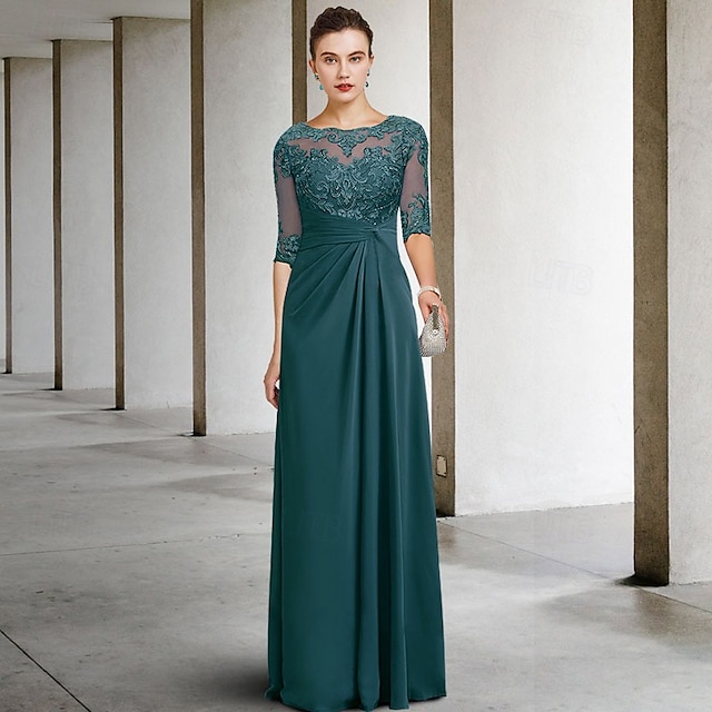 sheath column floor-length mother of the bride dress wedding guest dress evening gown jewel neck short sleeves chiffon lace elegant, supplier image 1