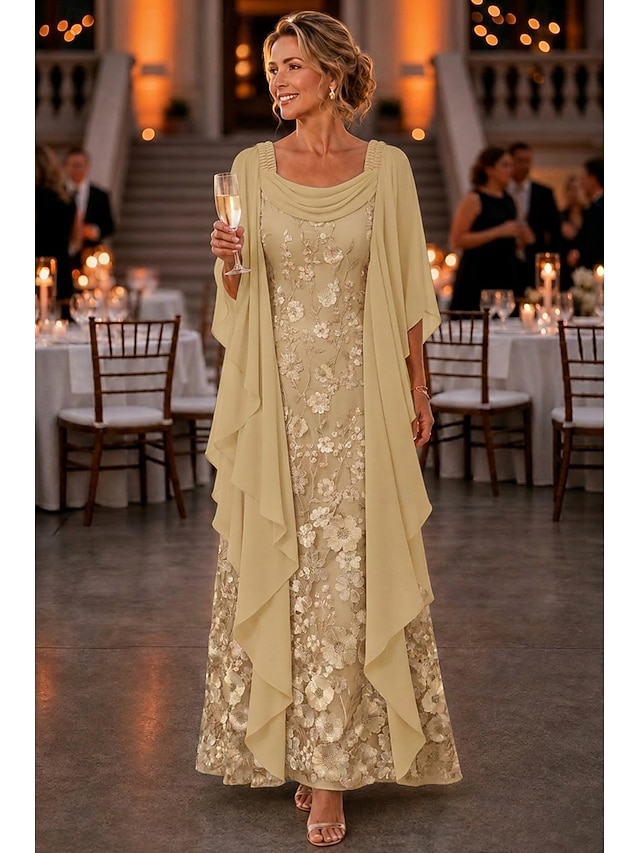 a-line ankle length mother of the bride dresses 3/4 length sleeve scoop neck elegant vintage chiffon lace with 3d flowers, supplier image 3