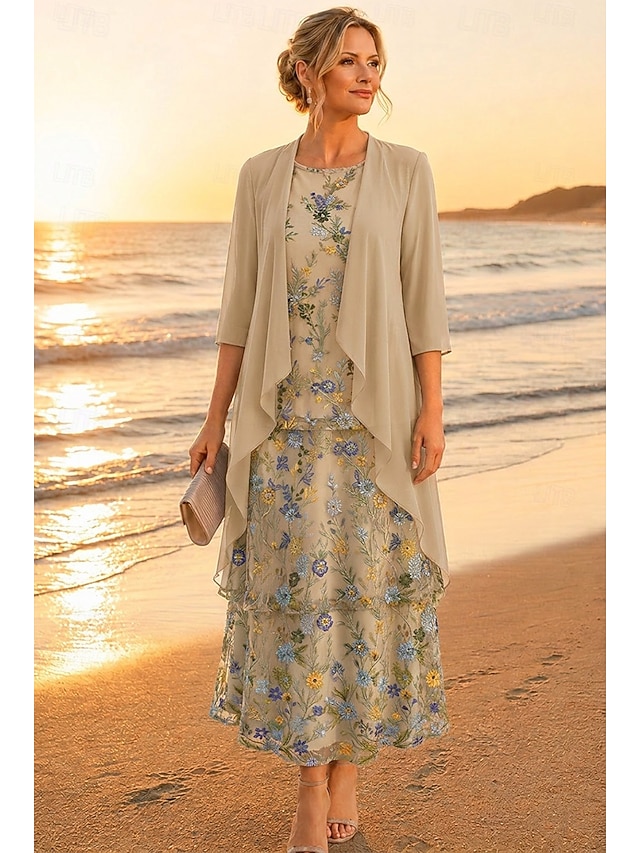 two piece a-line ankle length mother of the bride dresses 3/4 length sleeve half sleeve scoop neck elegant simple luxurious chiffon lace with ruffles, supplier image 10