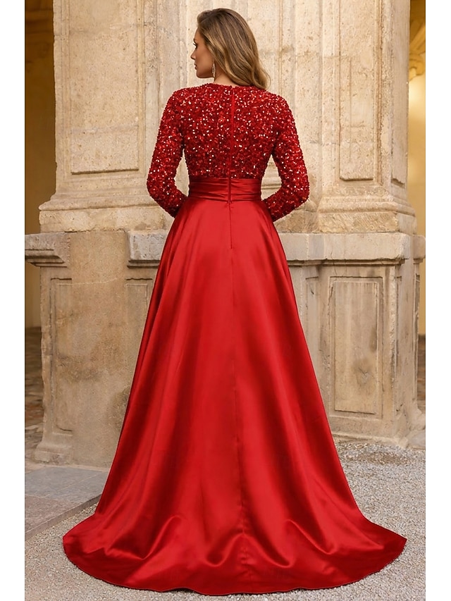 a-line floor-length wedding guest dress evening gown high neck long sleeves satin elegant, supplier image 2
