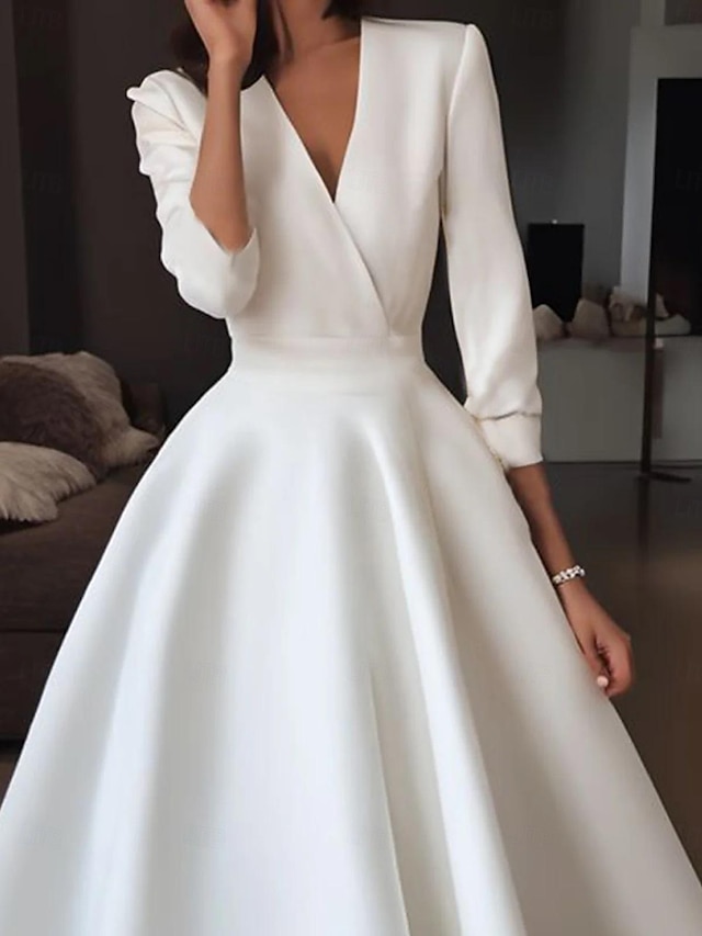 a-line tea-length little white dress wedding dress v-neck half sleeves satin, supplier image 2