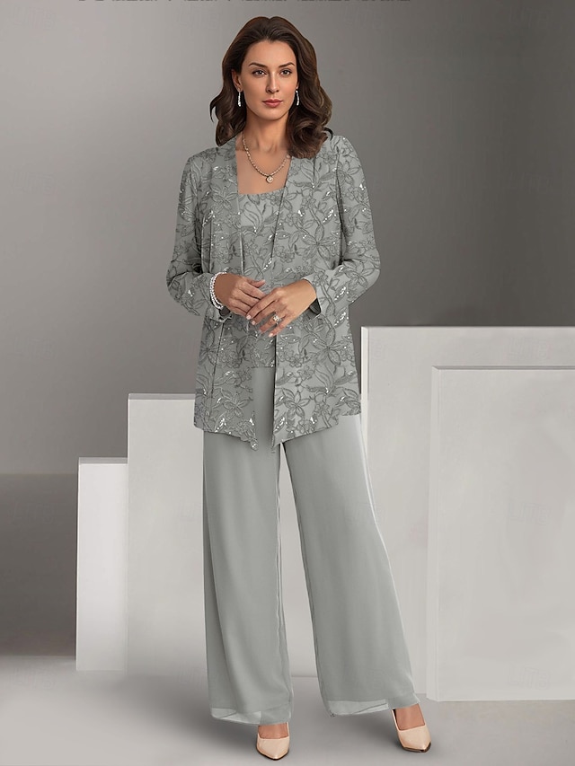 3 piece pantsuit mother of the bride dresses formal dresses floor length chiffon long sleeve elegant, supplier image 1
