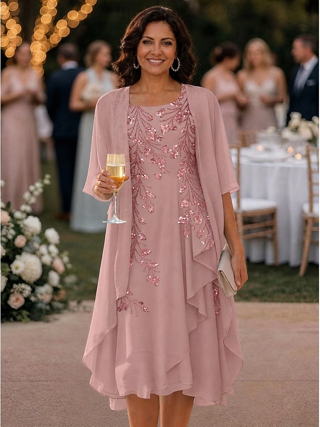 two piece a-line knee length mother of the bride dresses 3/4 length sleeve scoop neck elegant simple chiffon, supplier image 17