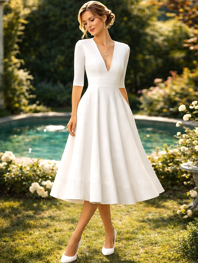 a-line tea-length wedding dress v-neck half sleeves satin, supplier image 1