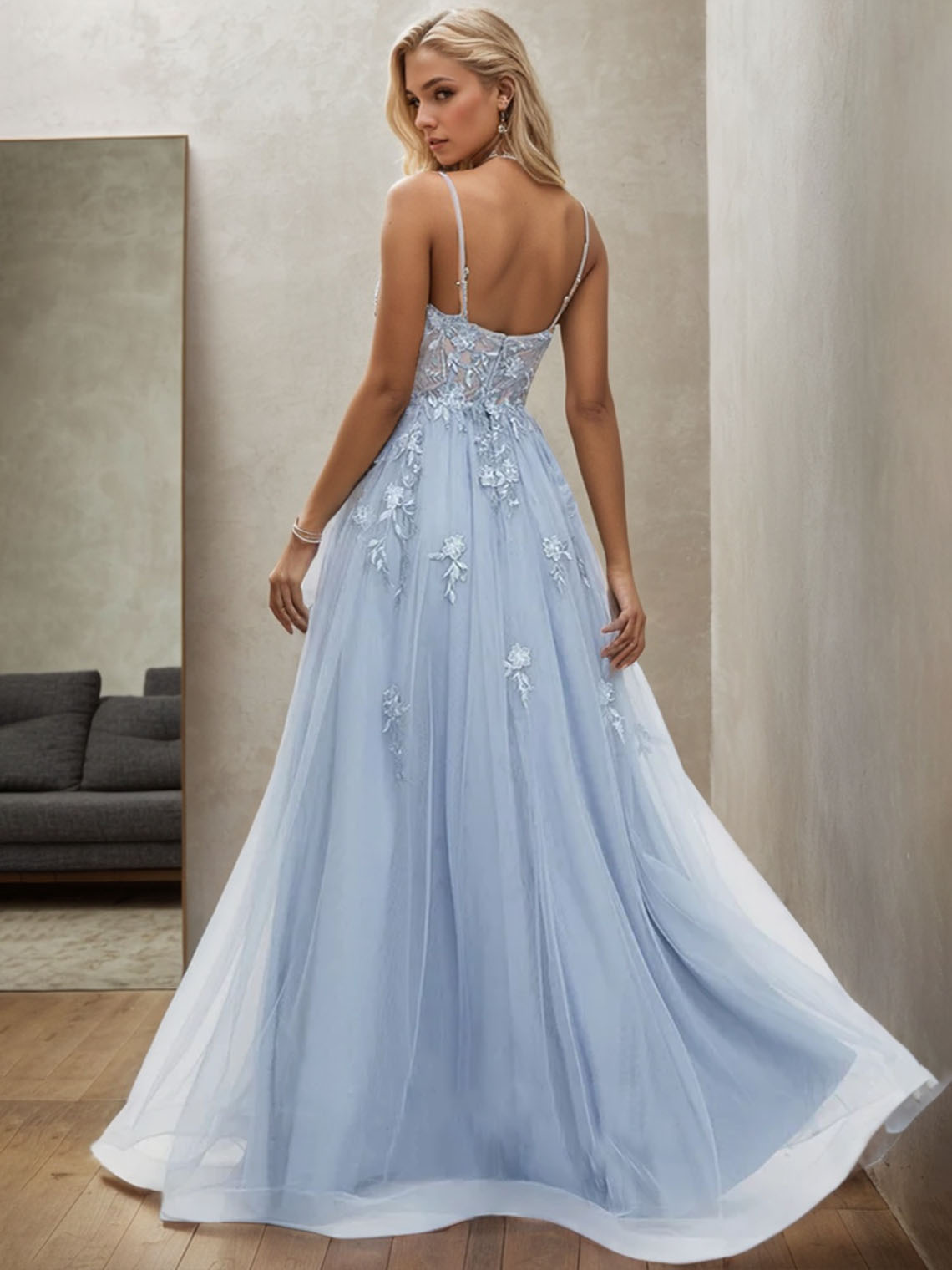 Blue Tulle A-line V Neck Sleeveless Floor Length Long Prom Dress