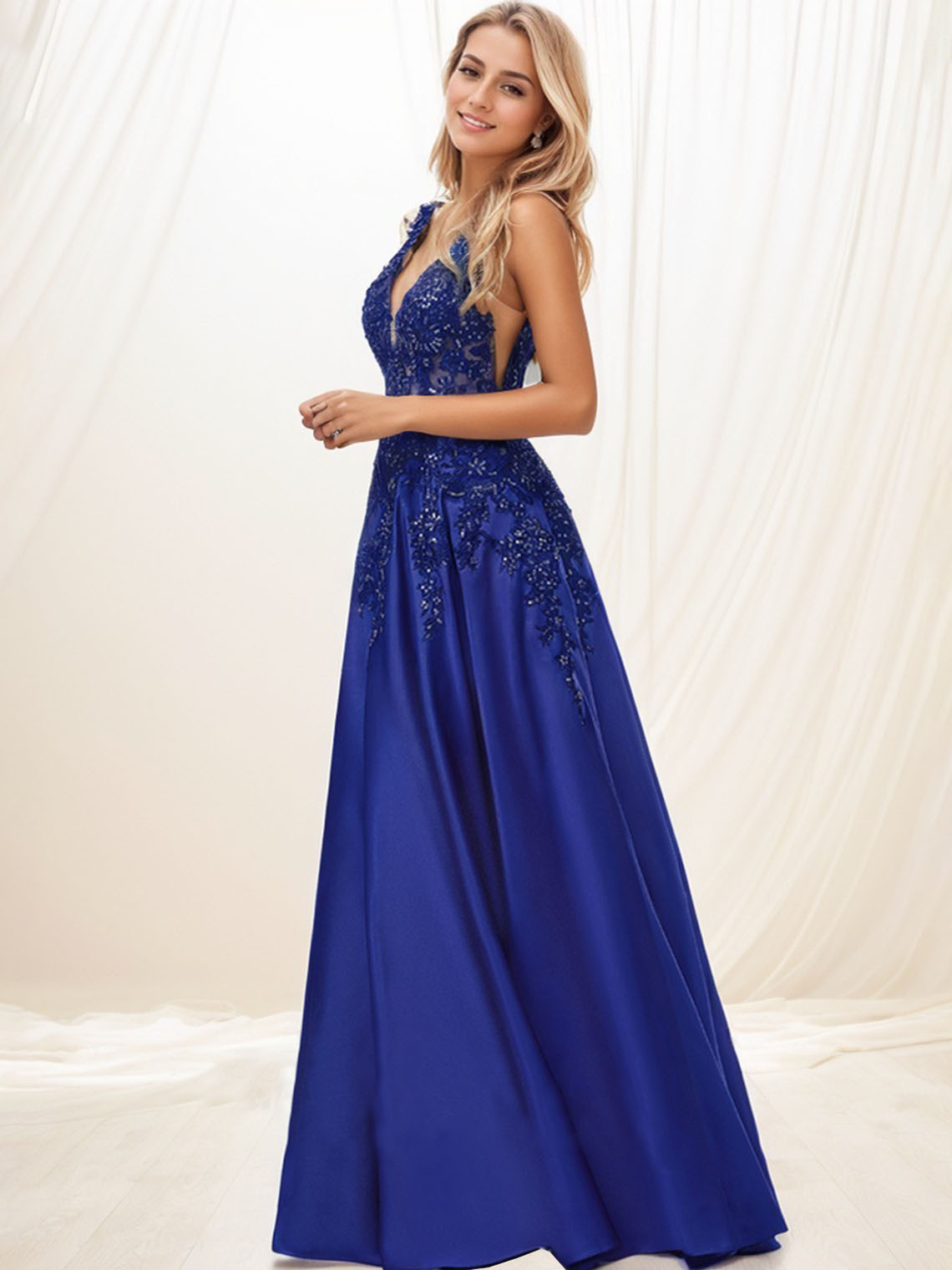 Blue A-line V-Neck Sleeveless Sequins With Appliques Long Prom Dress