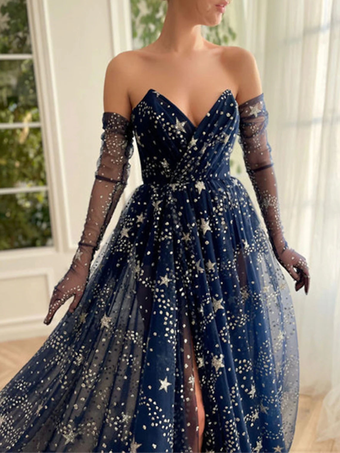 Sparkle A Line Tulle Strapless Long Sleeve with Sequin Slit Prom Dress