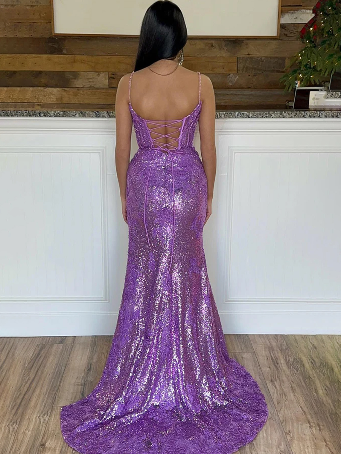 Mermaid Tulle Spaghetti Straps Appliques with Side Slit Prom Dress