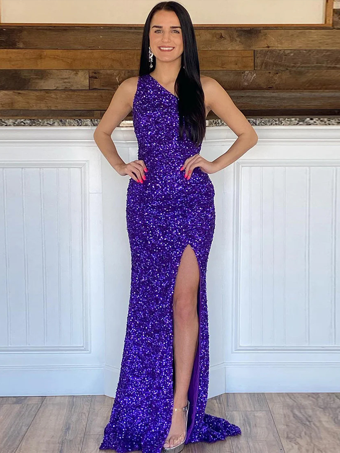 Glitter Mermaid One Shoulder Open Back Sleeveless Sexy Prom Dress