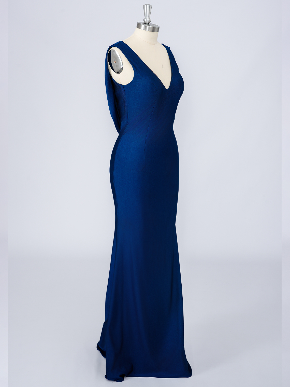 Navy Blue Mermaid Satin V Neck Sleeveless Solid Color Long Prom Dress