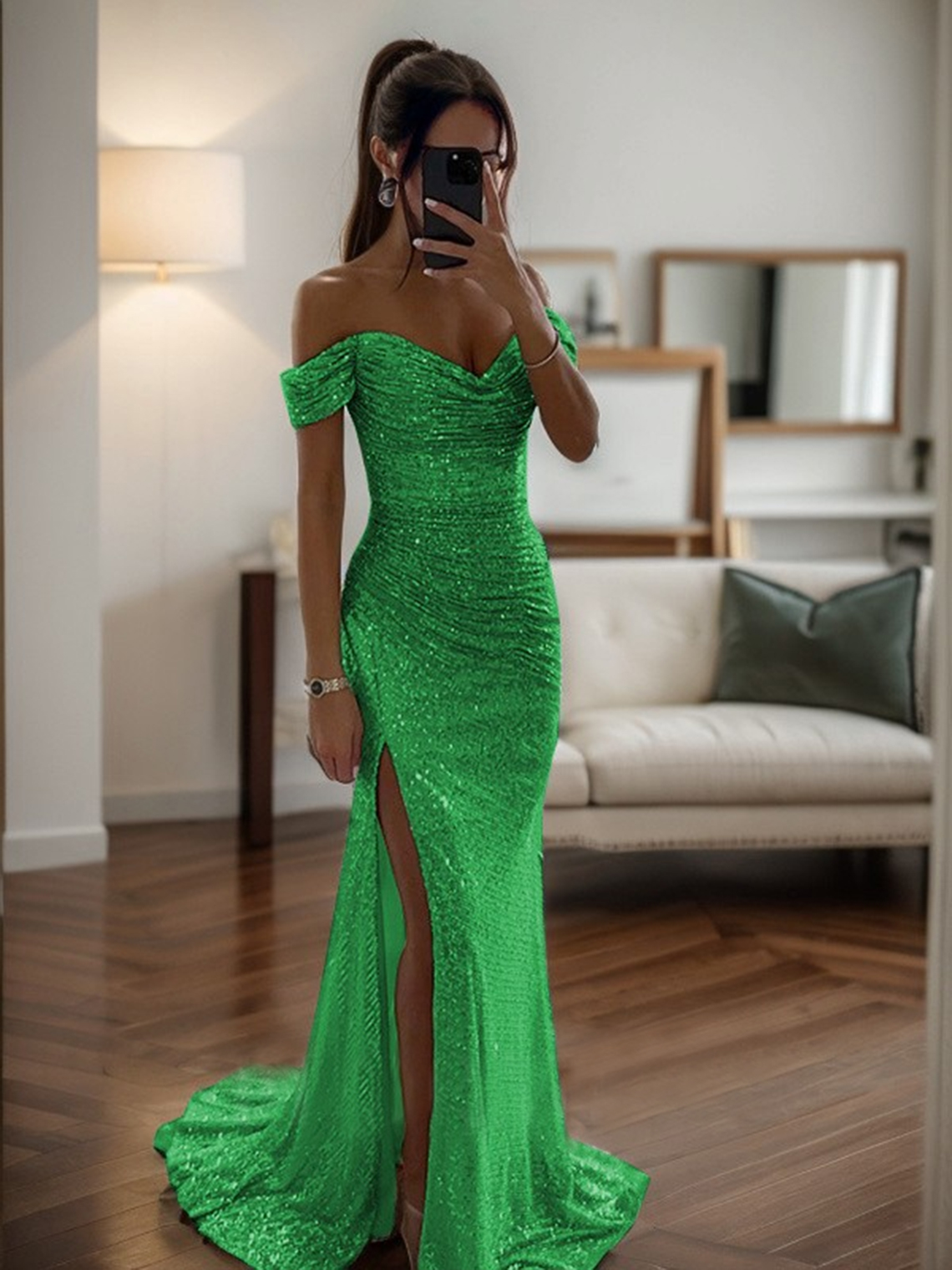 Mermaid Off-the-Shoulde Ruched Sleeveless Sweep Train Prom Dress