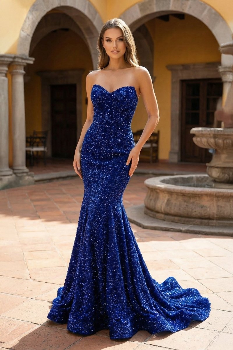 Mermaid Sweetheart Neck Sequins Prom Dresses Evening Dresses in Royal Blue, US2