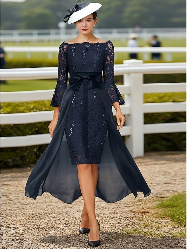 two piece sheath column knee-length mother of the bride dress wedding guest dress formal dress off-the-shoulder 3/4 sleeves chiffon lace elegant, supplier image 1