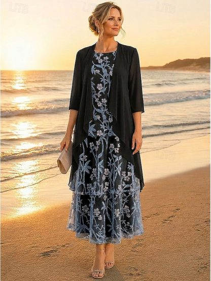 Two Piece A-Line Mother of the Bride Dresses Wedding Guest Dresses Ankle Length Chiffon Lace Elegant