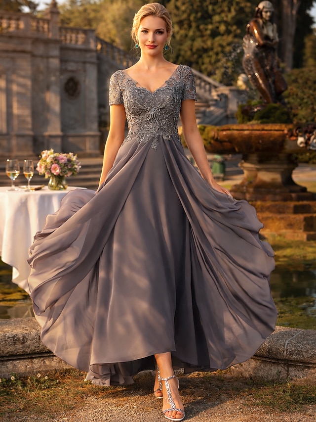 a-line tea length mother of the bride dresses wedding guest dresses cocktail dresses party dresses short sleeve v neck elegant plus size chiffon lace, supplier image 5
