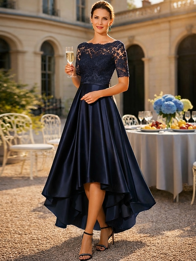 a-line high-low mother of the bride dress wedding guest dress cocktail dress scoop neck short sleeves satin lace elegant, supplier image 1