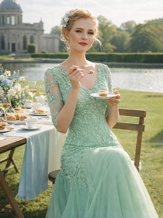 a-line sweep train mother of the bride dress wedding guest dress evening gown v-neck half sleeves lace tulle elegant, supplier image 2