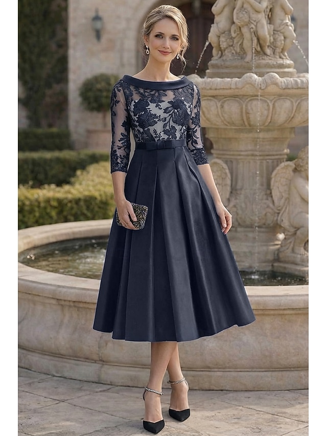 a-line ankle-length mother of the bride dress wedding guest dress cocktail dress formal dress jewel neck 3/4 sleeves satin elegant, supplier image 6