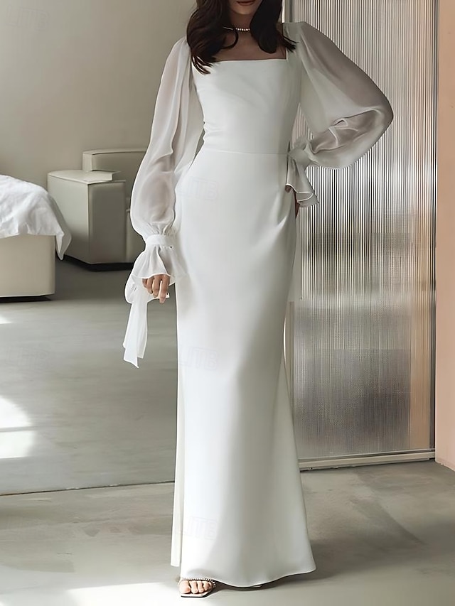 sheath column floor-length little white dress wedding dress square neck long sleeves chiffon stretch fabric, supplier image 1