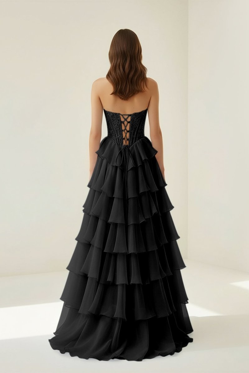 Black - Sweetheart A Line Chiffon Ruffled Prom Dresses With Appliques Evening Dresses, product image 4