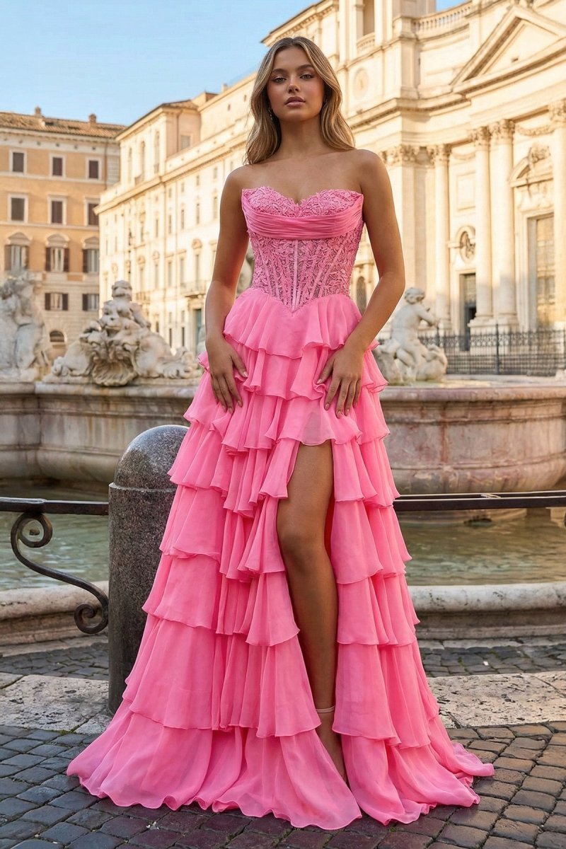 Pink Sweetheart A Line Chiffon Ruffled Prom Dresses With Appliques Evening Dresses, product image 30