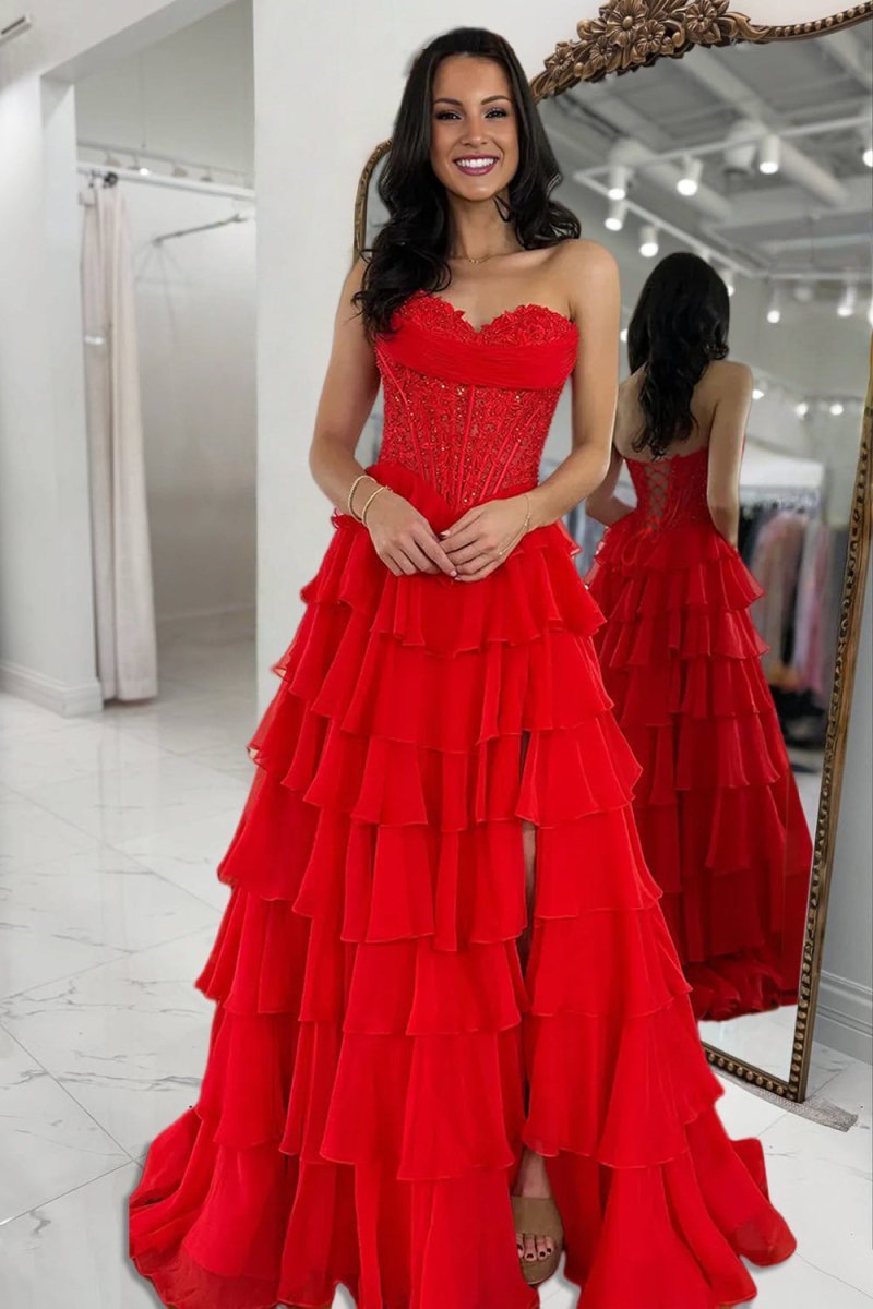 Red - Sweetheart A Line Chiffon Ruffled Prom Dresses With Appliques Evening Dresses, product image 6