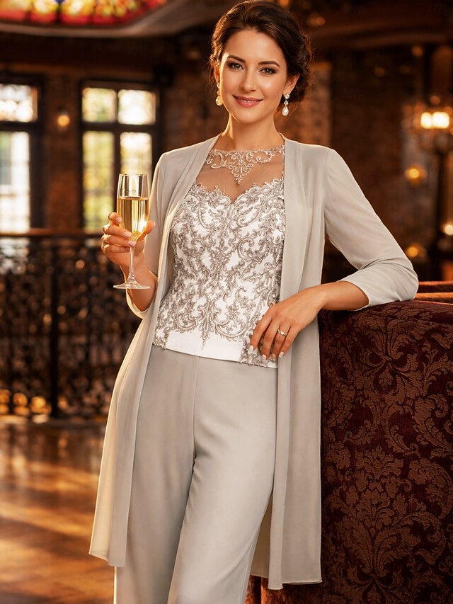 3 piece jumpsuit pantsuit mother of the bride dresses floor length chiffon lace long sleeve elegant, supplier image 2