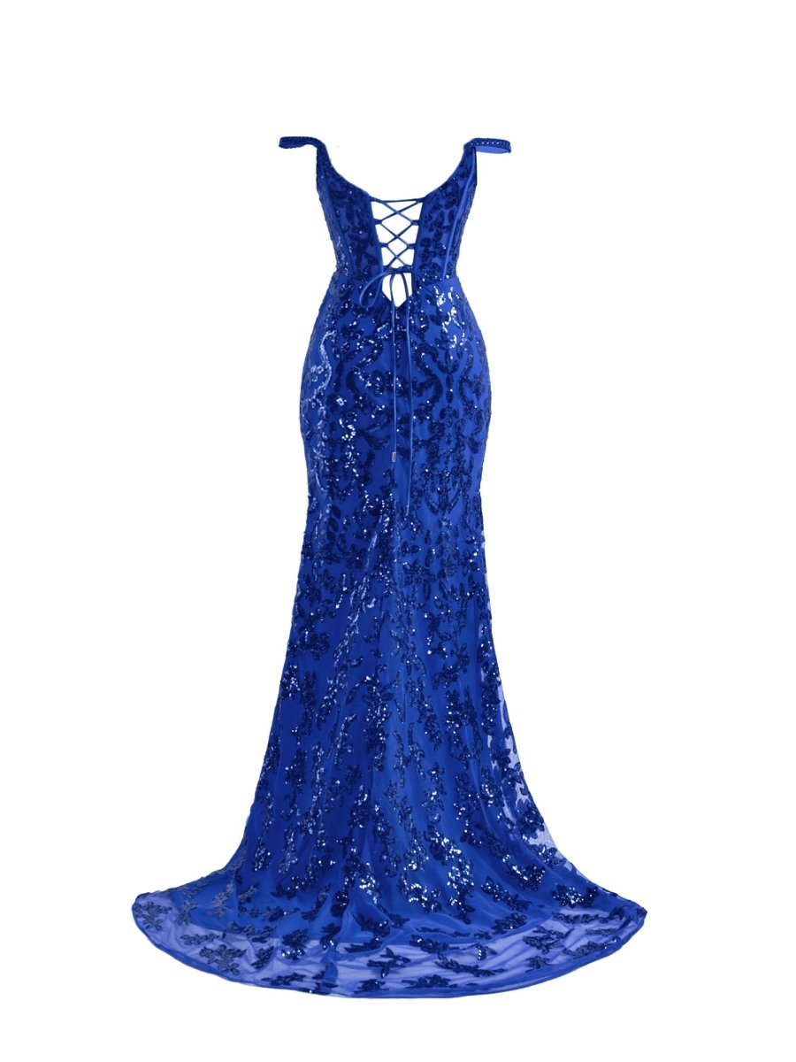 Sparkly Royal Blue Sheath Sequins Long Prom Dresses with Slit Evening Dresses, product image 10