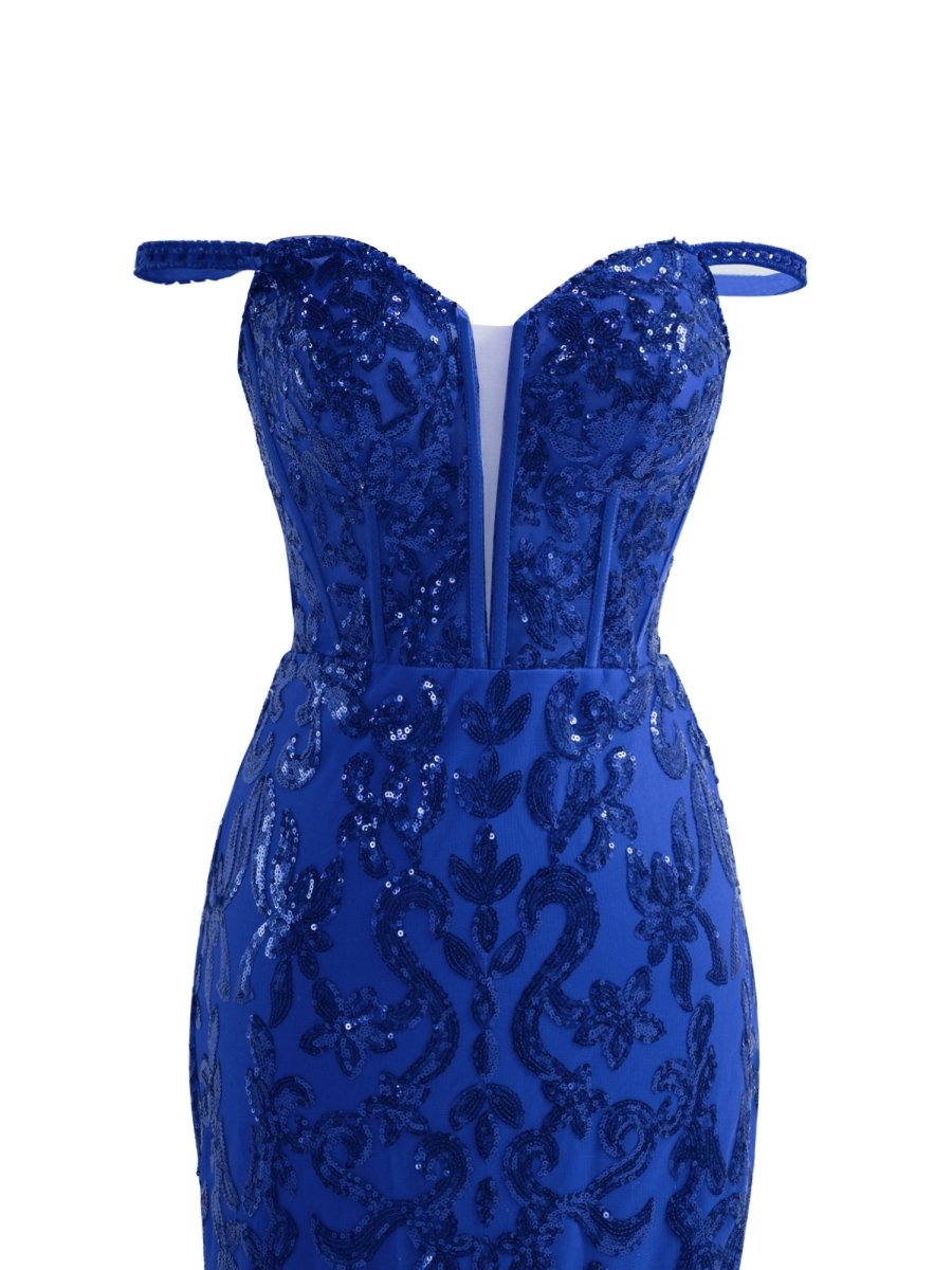 Sparkly Royal Blue Sheath Sequins Long Prom Dresses with Slit Evening Dresses, product image 11