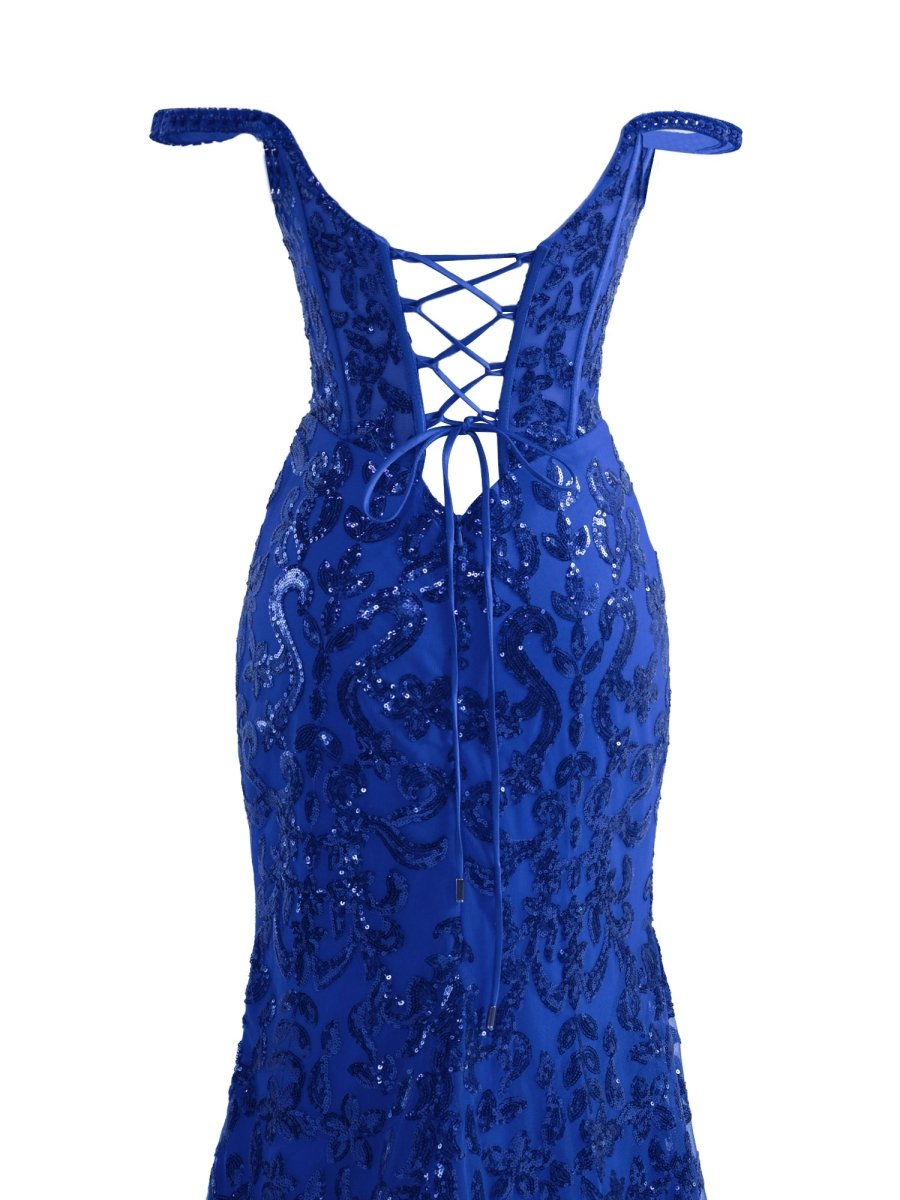Sparkly Royal Blue Sheath Sequins Long Prom Dresses with Slit Evening Dresses, product image 12